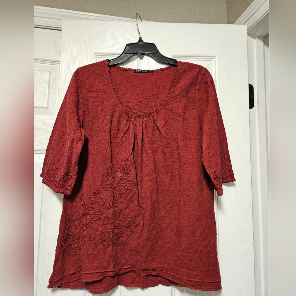 GRETTY ZUEGER Small Ruby Red Embroidered Cotton Blouse Tunic